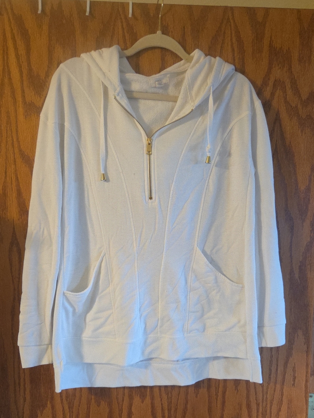 Cupio White Half-Zip Hooded Pullover with Gold Accents